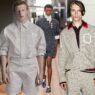 collage que muestra a diferentes modelos masculinos desfilando con ropa con tejido de micro cuadros.