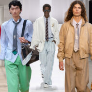 Camisas a rayas con corbata: la tendencia estrella para hombre de esta primavera 2026 Collage de diferentes modelos masculinos desfilando vestidos con la tendencia de camisa de rayas y corbata durante los desfiles de la temporada primavera 2026