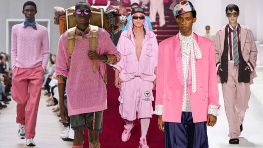 Desfiles de moda masculina de la temporada primavera 2026 con varios modelos de diferentes firmas desfilando en la pasarela con looks de color rosa.