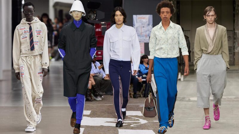 Collage que muestra a modelos masculinos vestidos con pantalones de chandal y la parte superior más elegante, con camisas, blazers y corbatas, tendencia primavera 2026