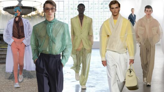 Collage que muestra a diferentes modelos desfilando durante los desfiles de primavera 2026 con la tejidos semitransparentes