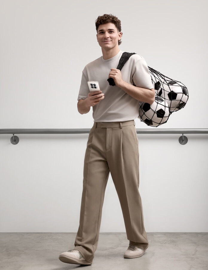 Julián Álvarez con una bolsa de balones de fútbol al hombro