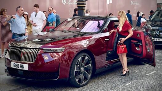 Rolls-Royce La Rose Noire Droptail de color rojo oscuro circulando por la ciudad.