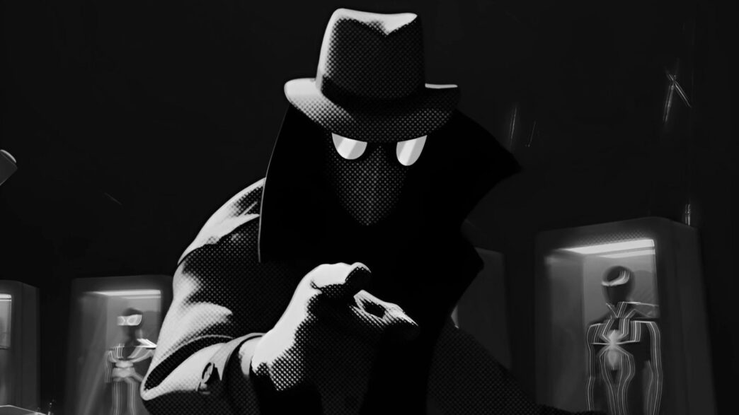 Imagen en blanco y negro de Spider-Noir con gabardina y sombrero en la nueva serie de Amazon Prime Vídeo.