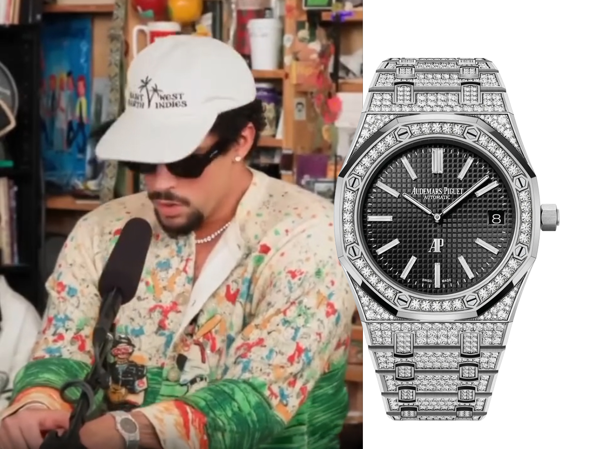 Bad Bunny hablando en un podcast con camisa de flores y reloj Audemars Piguet