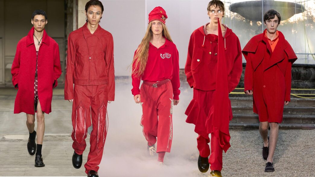 Collage modelos desfilando vestidos con total look color rojo primavera 2026