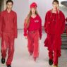 Collage modelos desfilando vestidos con total look color rojo primavera 2026