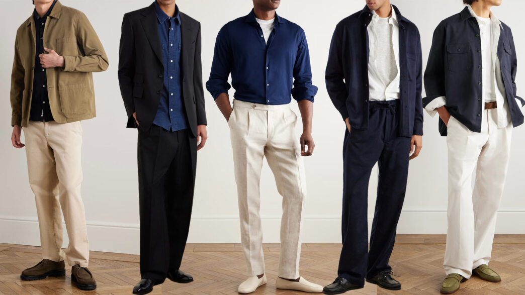 Collage que muestra a diferentes hombres vestidos con camisa azul marino y combinada de diferente manera