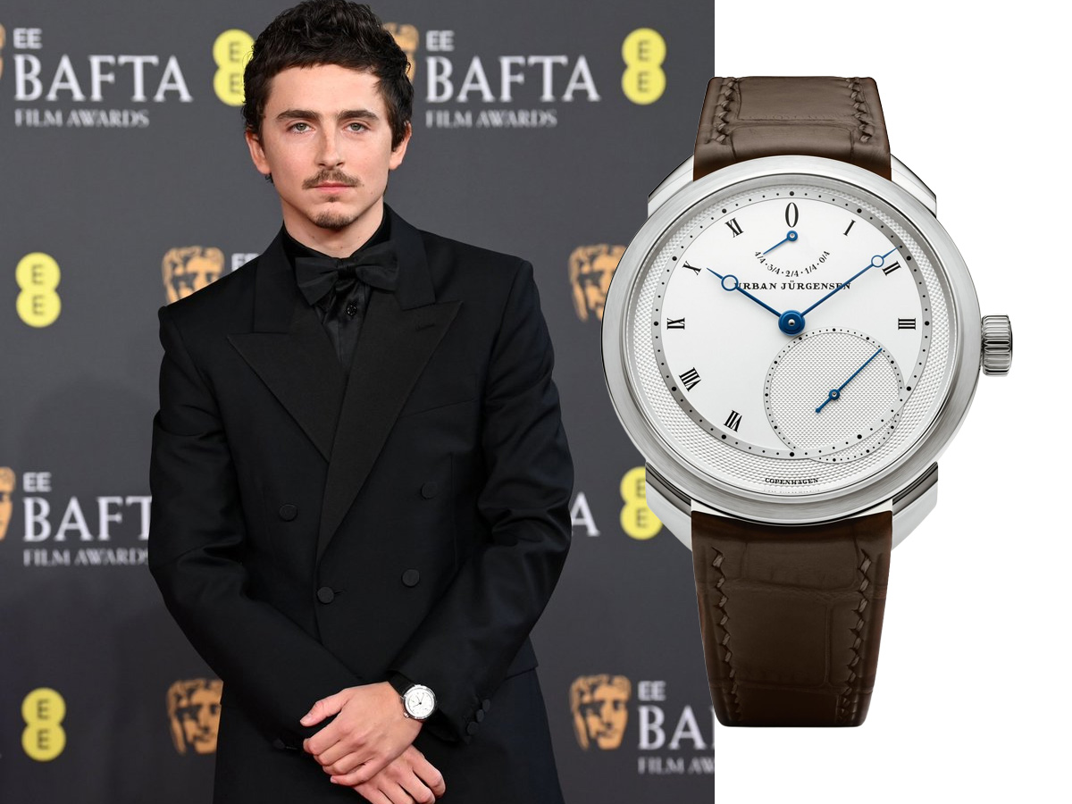 Timothée Chalamet posando en los premios Bafta con su reloj.