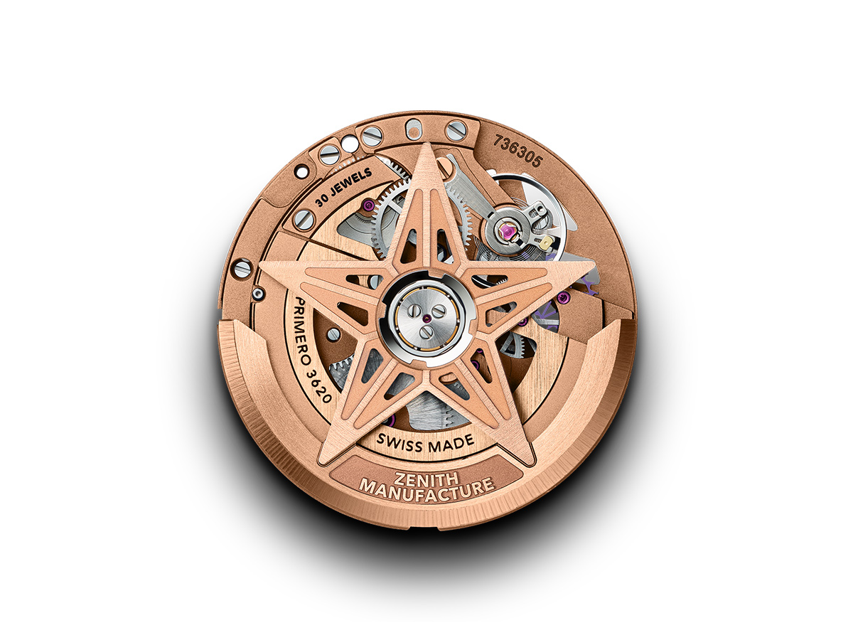 Calibre El Primero 3620 SK dorado con rotor en forma de estrella y 30 rubíes