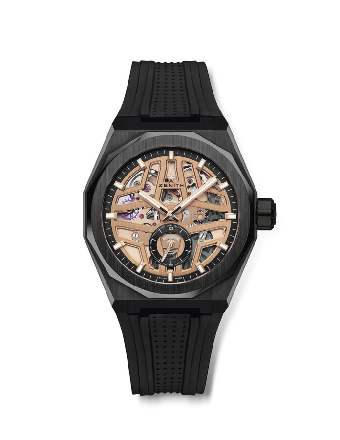Zenith DEFY Skyline Skeleton con correa de caucho negro y esfera abierta dorada