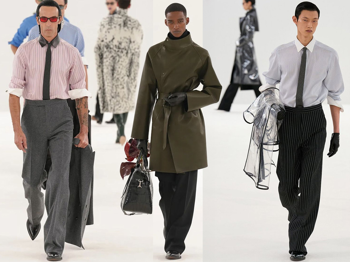 Modelos desfile Tom Ford otoño/invierno 2026 2027 con camisas remangadas y abrigo de piel