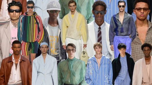 Collage con modelos masculinos desfilando con ropa temporada primavera/verano 2026
