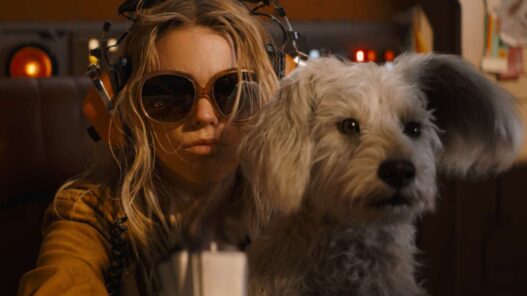 Milly Alcock con gafas de sol y cascos como Kara junto a un perro blanco en el tráiler de Supergirl.