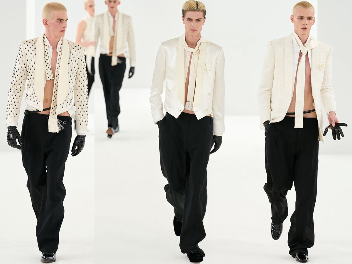 Modelos desfile Tom Ford otoño/invierno 2026 2027 con chaquetas frac blancas