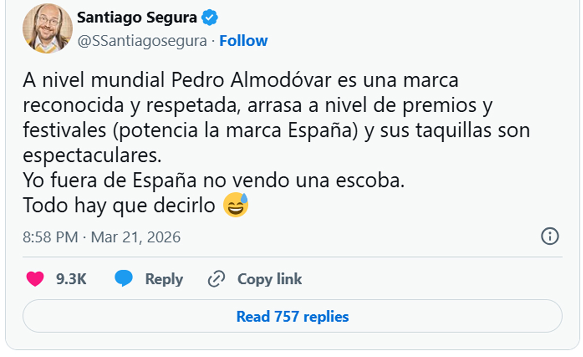tweet Santiago Segura sobre Pedro Almodovar