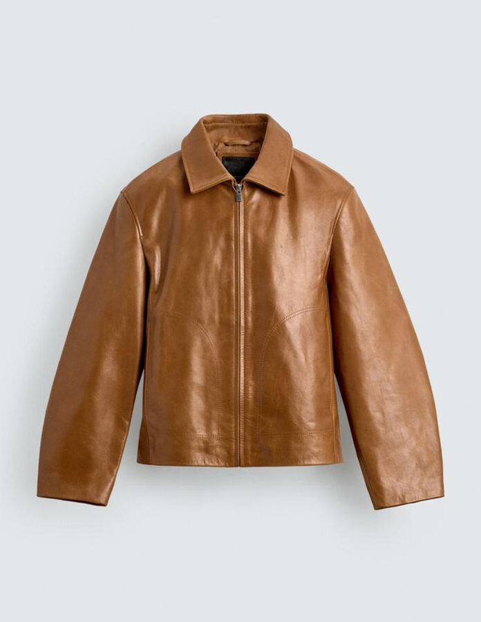 Cazadora de piel para hombre Zara color camel con cuello solapa novedades primavera.