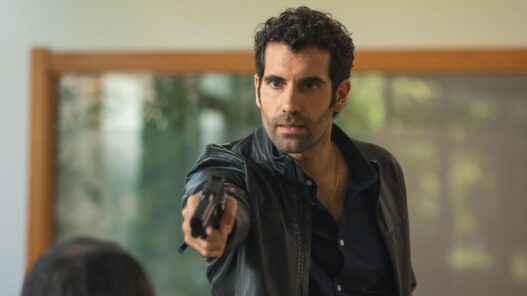 Primer plano de Tamar Novas apuntando con una pistola en la segunda temporada de Clanes en Netflix.