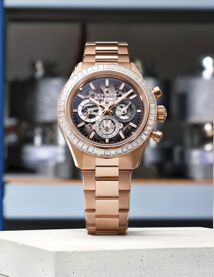 Versión esqueletizada del Chronomaster Sport de Zenith en oro rosa con bisel engastado de diamantes talla baguette