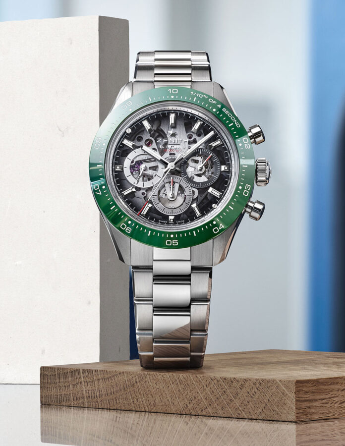 Versión esqueletizada del Chronomaster Sport de Zenith en acero con bisel de cerámica verde