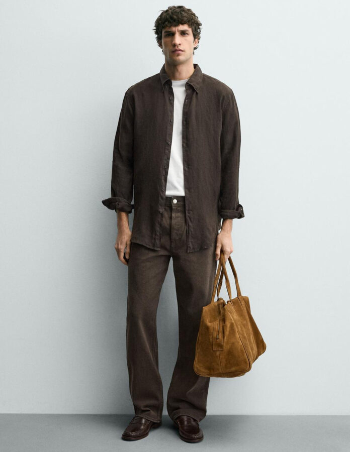 Camisa regular fit 100% lino chocolate de Zara hombre