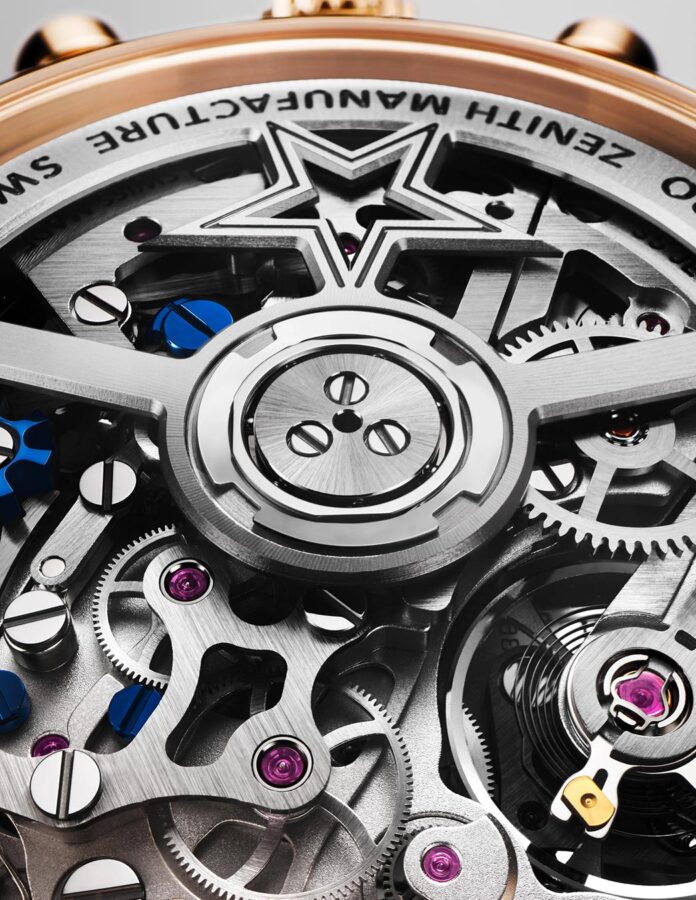 Detalle de la esfera esqueletizada del Chronomaster Sport de Zenith con la estrella grabada en el rotor