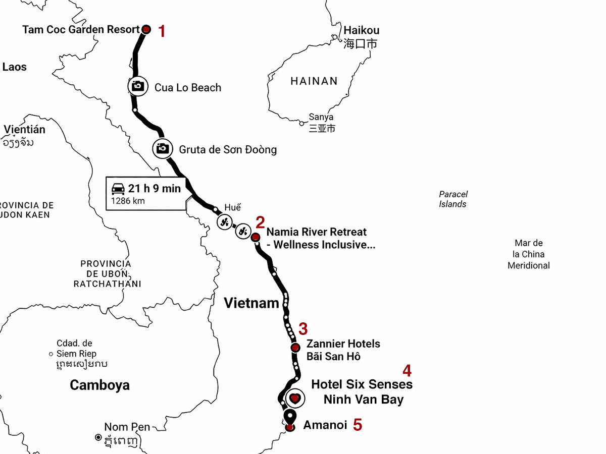 Mapa de Vietnam que muestra sus 5 mejores hoteles, de norte a sur