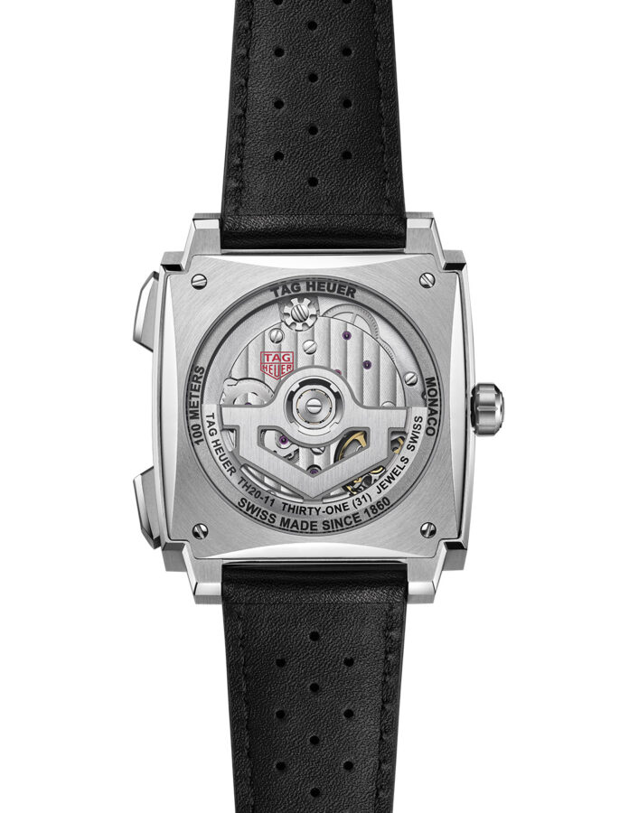 Calibre TH20-11 del TAG Heuer Monaco Chronograph 2026 visible a través del fondo de caja