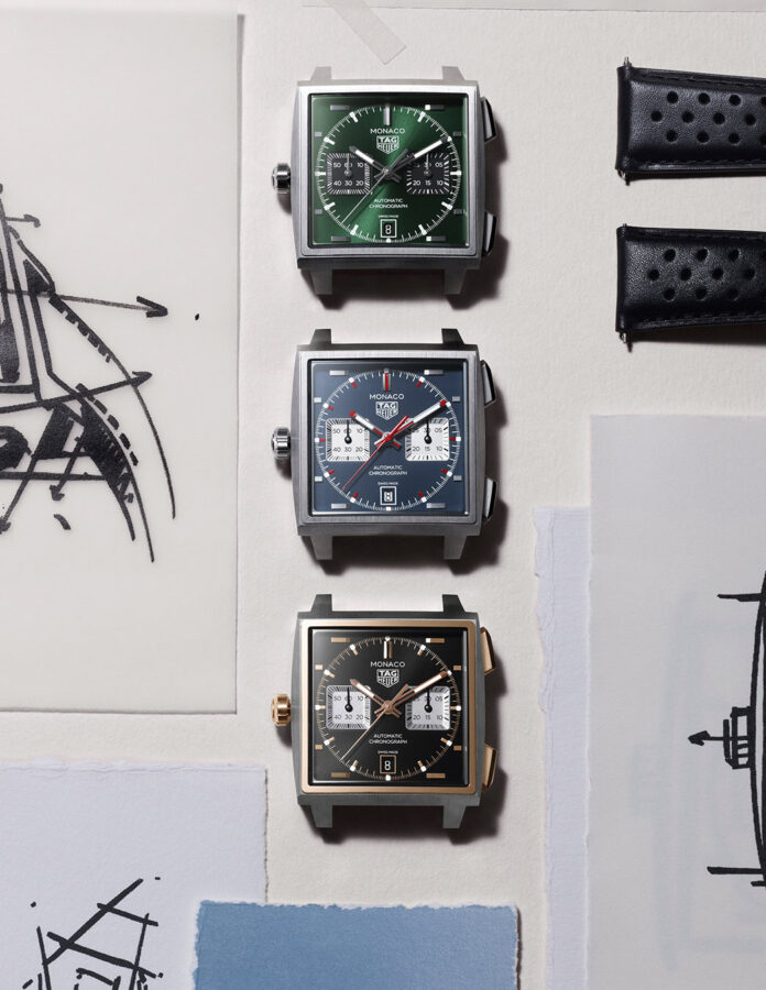 Colección TAG Heuer Monaco Chronograph 2026 en azul, verde y negro con caja de titanio grado 5