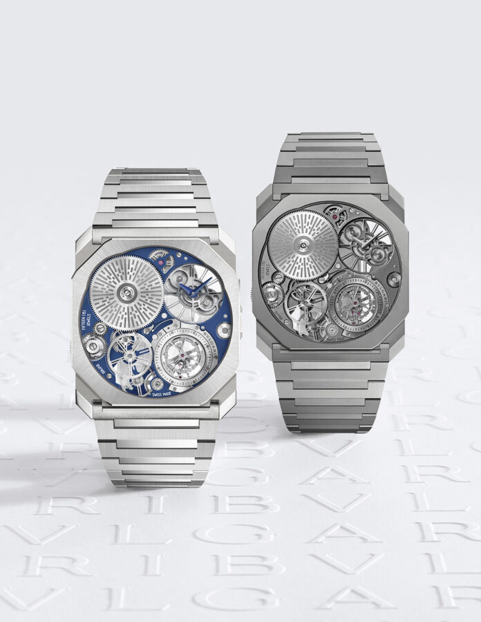 Bvlgari Octo Finissimo Ultra Tourbillon Platino con esfera azul y versión en gris comparativa