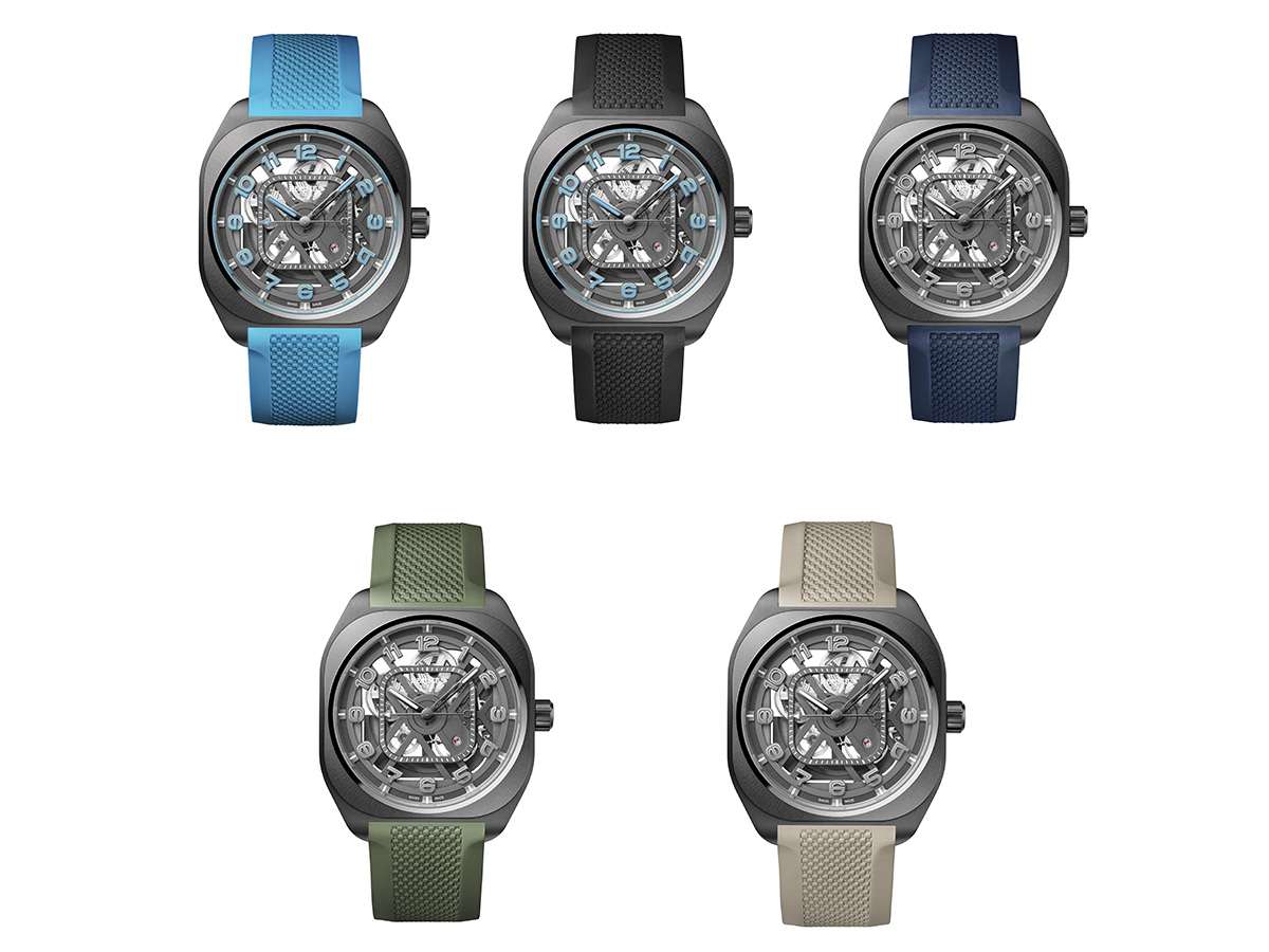 Hermès H08 Squelette 2026 con correas de caucho en cinco colores: azul claro, negro, azul marino, verde y beige