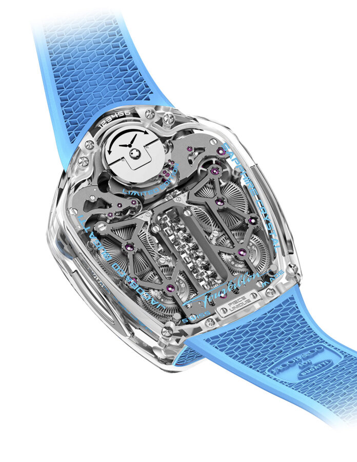 parte trasera del Jacob & Co Bugatti Tourbillon Sapphire Crystal en azul con calibre visible