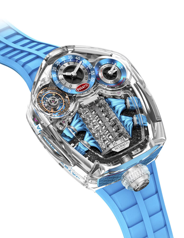 esfera del Jacob & Co Bugatti Tourbillon Sapphire Crystal azul con tourbillon y autómata V16