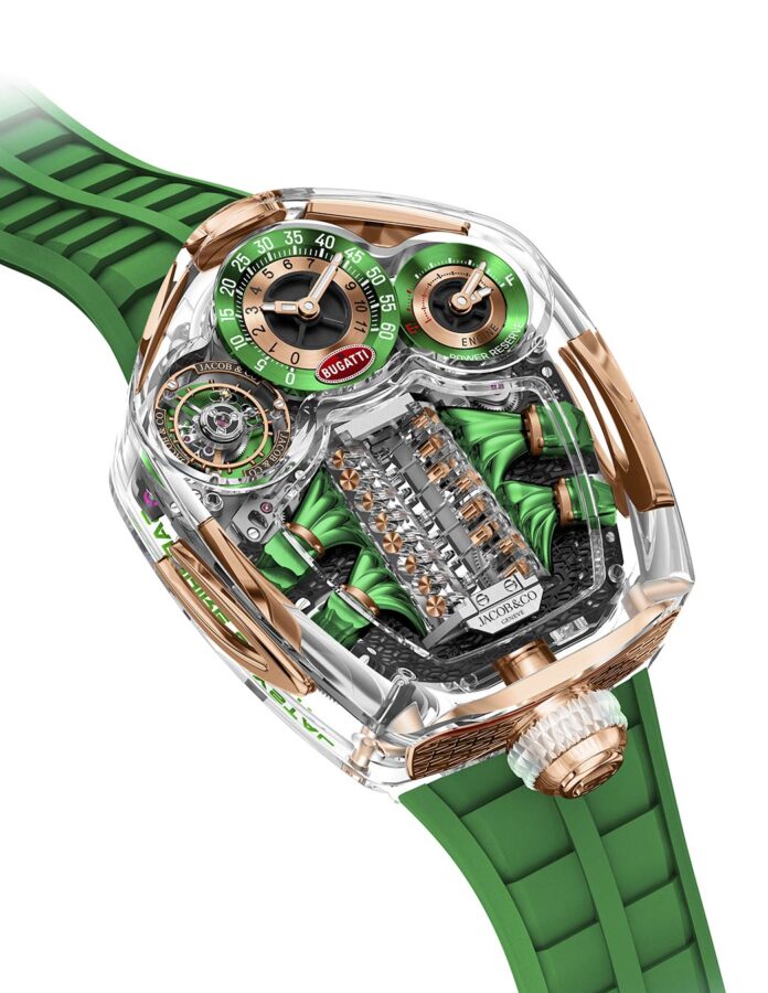 Jacob & Co Bugatti Tourbillon Sapphire Crystal verde con detalles en oro rosa y motor V16