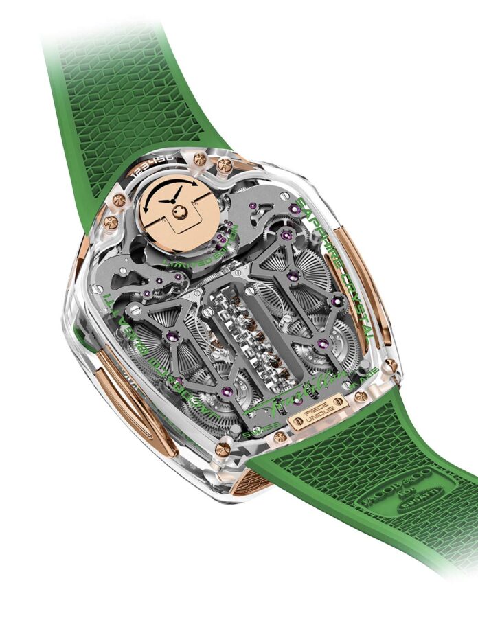 parte trasera del Jacob & Co Bugatti Tourbillon Sapphire Crystal verde con estructura en zafiro