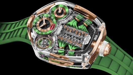 Jacob & Co Bugatti Tourbillon Sapphire Crystal con caja transparente y motor V16 visible