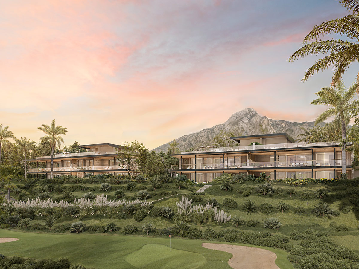 Render exterior de Armani Residences Marbella con dos edificios de baja altura frente a La Concha y el campo de golf en la Milla de Oro
