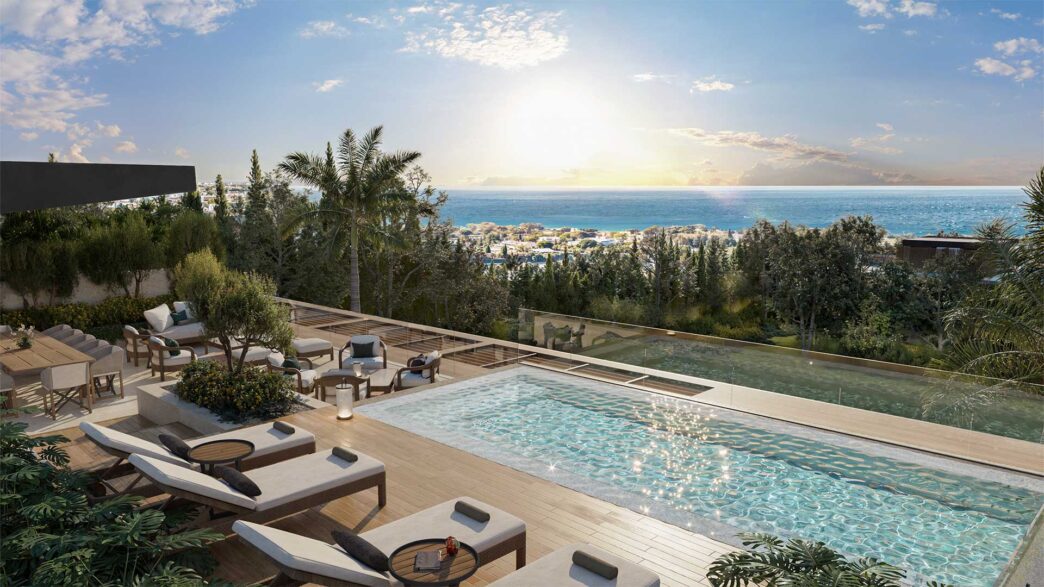 Render de la terraza con piscina infinita de Armani Residences Marbella y vistas panorámicas al Mediterráneo