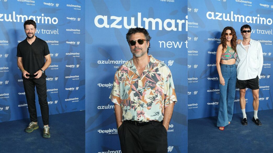 Álvaro Morte, Hugo Silva, Juana Acosta y Marco Llorente en el photocall del concierto del Bad Bunny en Madrid.