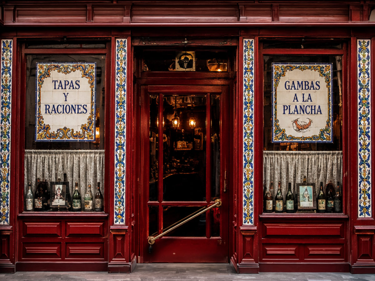 Fachada de madera roja y azulejos pintados de una taberna centenaria en Madrid