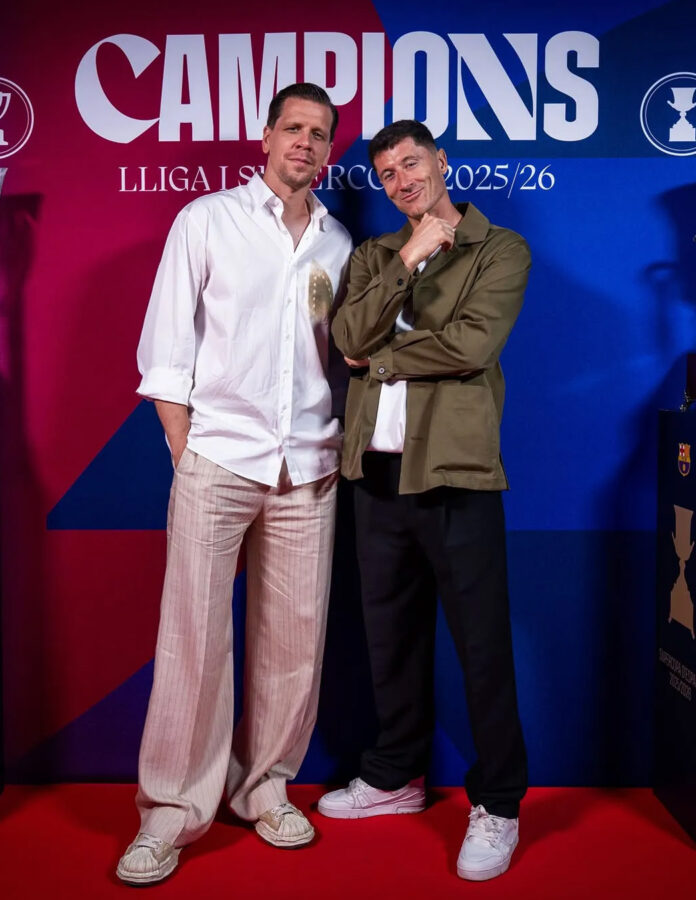 Wojciech Szczęsny y Robert Lewandowski, en la cena de celebración del Barcelona