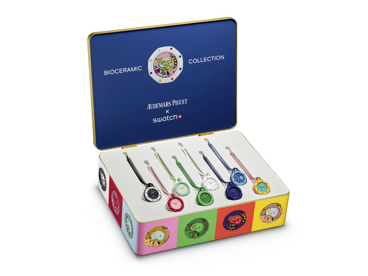 Estuche Bioceramic Collection con los ocho modelos de la colaboración Audemars Piguet x Swatch Royal Pop
