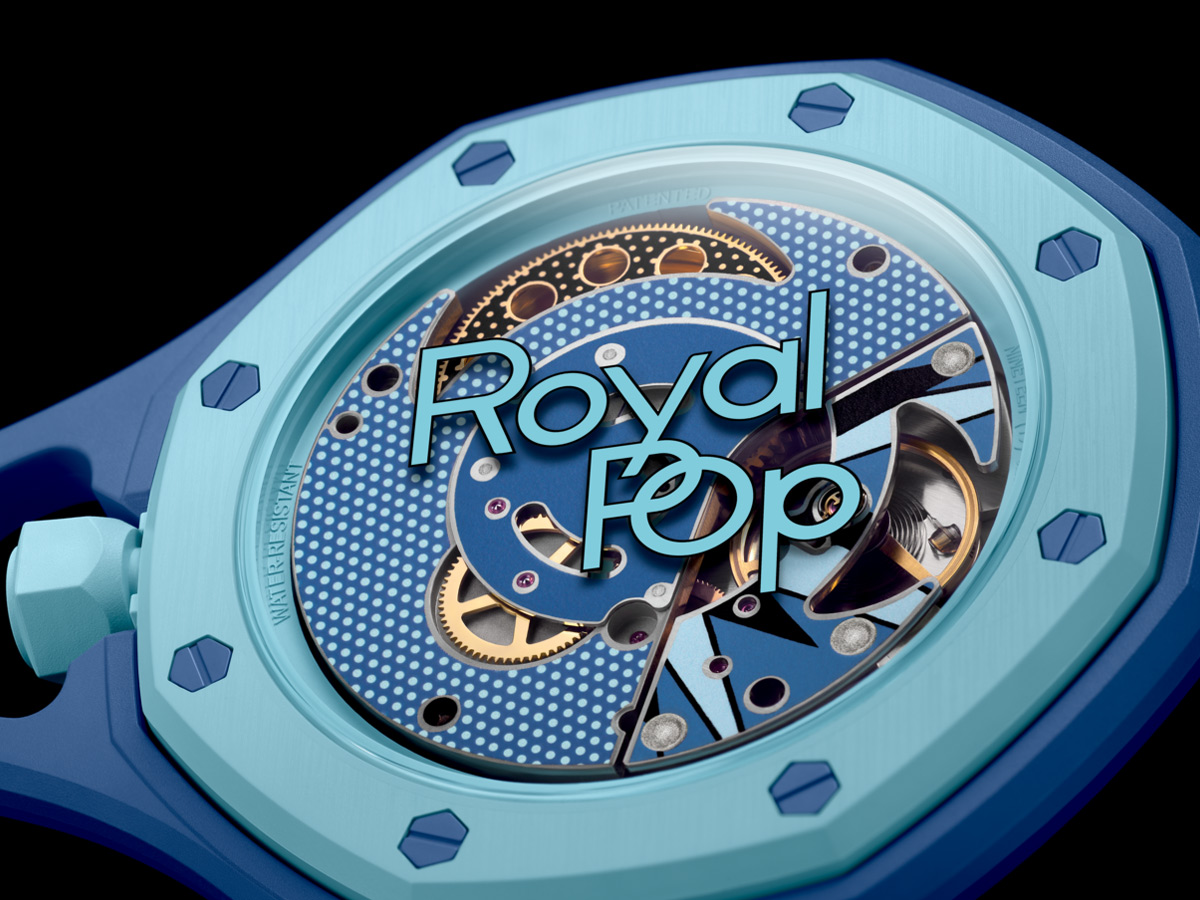 Fondo transparente del reloj Audemars Piguet x Swatch Royal Pop con el movimiento SISTEM51 a la vista