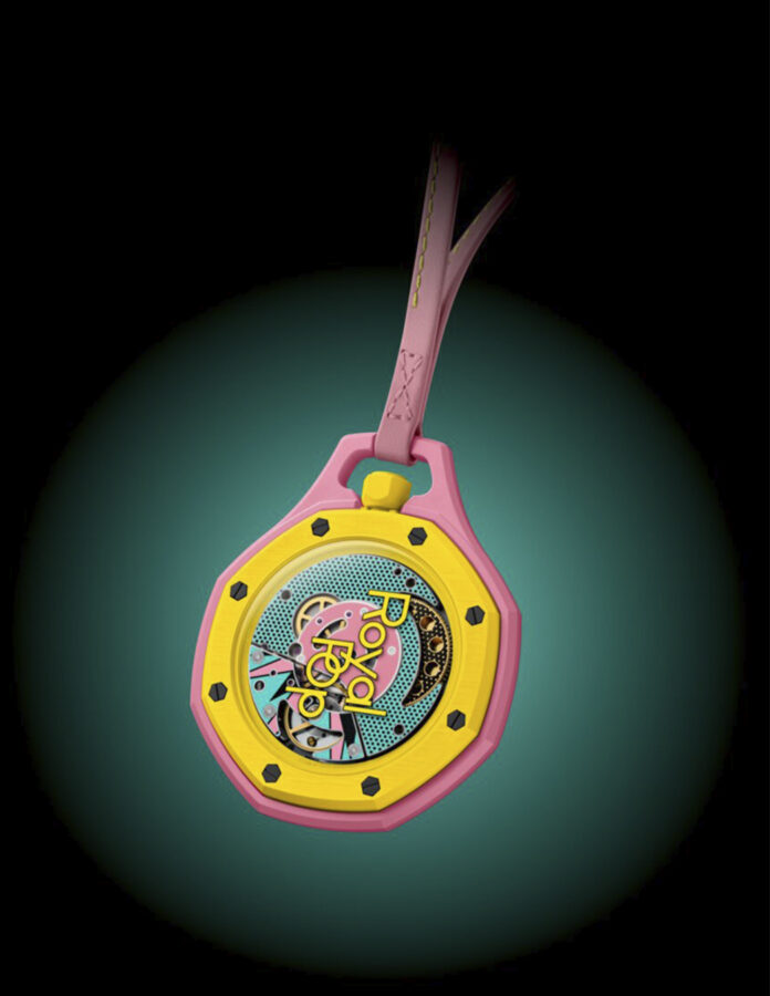 Reloj de bolsillo Audemars Piguet x Swatch Royal Pop en rosa y amarillo con cordón de piel