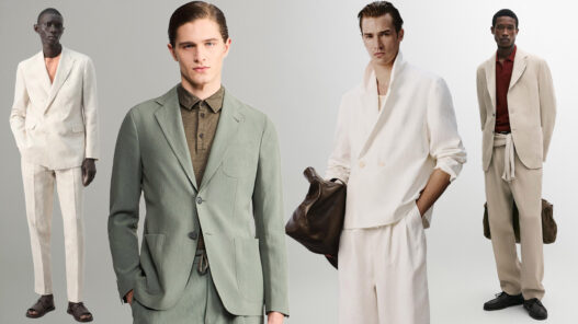 Hombres vestidos con trajes de lino de diferentes colores