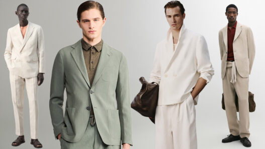 Hombres vestidos con trajes de lino de diferentes colores