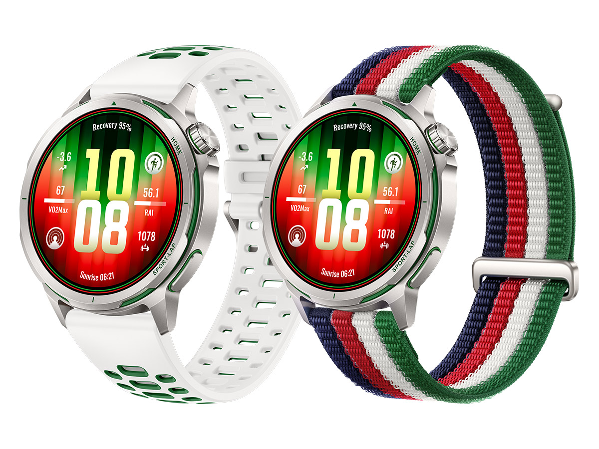 Dos HUAWEI WATCH GT Runner 2 Racing Legend Edition, uno con correa deportiva de silicona blanca y otro con correa de nailon de cuatro colores
