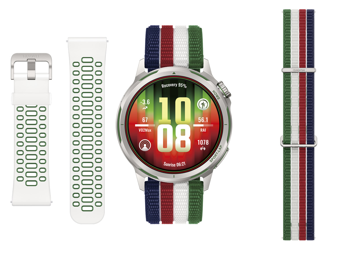 HUAWEI WATCH GT Runner 2 Racing Legend Edition con la esfera Racing Legend y sus correas de silicona blanca y de nailon en azul, rojo, blanco y verde