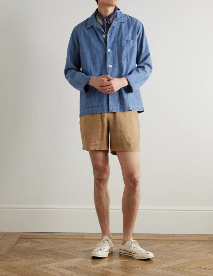 hombre vestido con Bermudas beige con sobrecamisa vaquera y camiseta básica