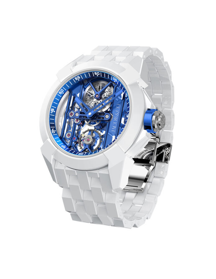 Reloj Jacob & Co. Epic X Ceramic en cerámica blanca con esfera esqueleto y detalles en PVD azul